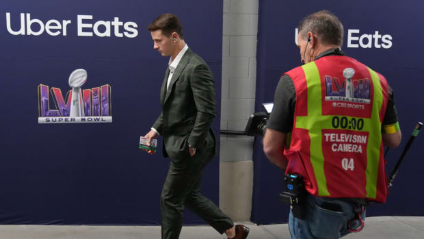 Feb 11, 2024; Paradise, Nevada, USA; San Francisco 49ers quarterback Brock Purdy (13) arrives before playing against the Kansas City Chiefs in Super Bowl LVIII at Allegiant Stadium.